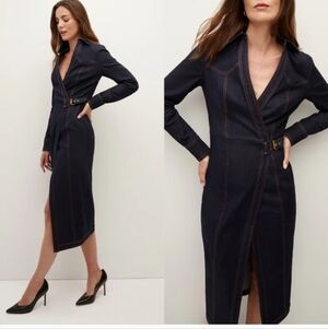 Veronica Beaed Dark Navy Wrap Midi Dress with Contrast Stitching